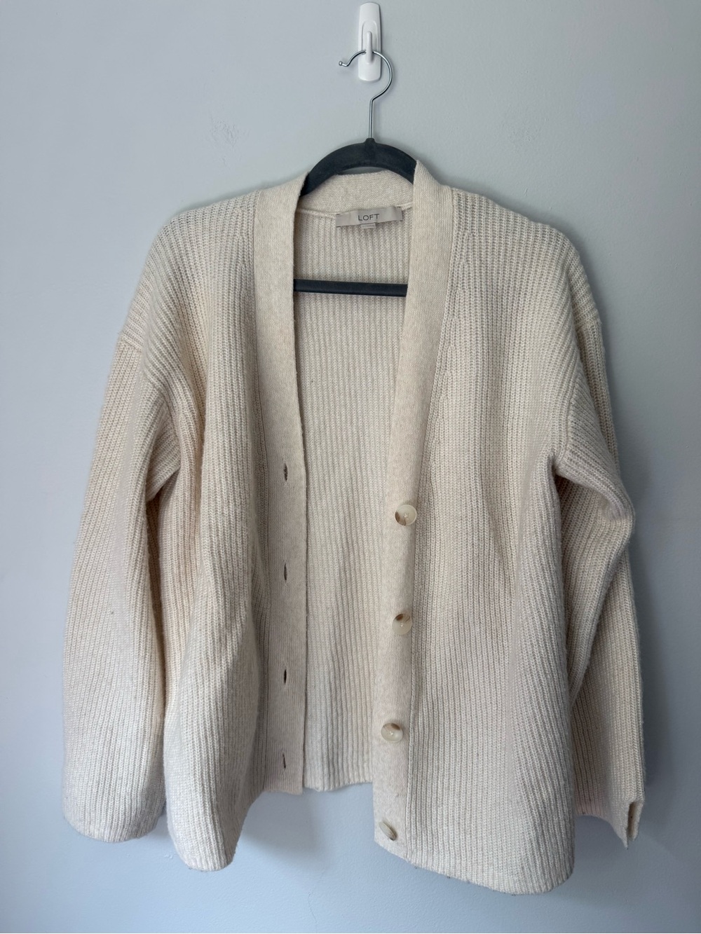 LOFT Cream Ribbed Knit Button Front Cardigan Split Sleeve